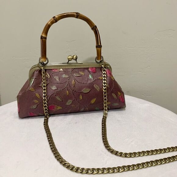 Handmade Genuine Leather Floral Embossed Real bamboo Handle Satchel/Crossbody - Picture 2 of 15